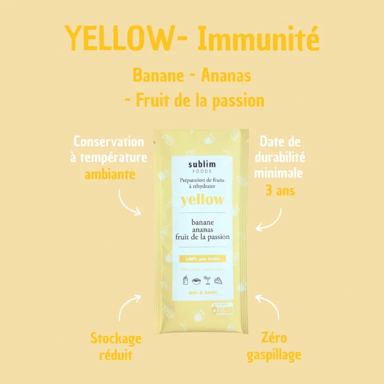 Sachet de smoothie Yellow de la marque Sublim Foods. Préparation de smoothie composé de Banane, Ananas, Fruit de la passion