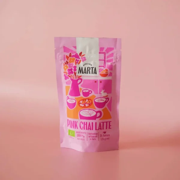 Atelier marta propose un pink chai latte de 125g pour un total de 25 tasse d'un latte savoureux avec une couleur rose.