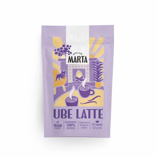 Latte en poudre de Ube Latte Atelier Marta, avec la mentions vegan et ingrédients 100% naturels