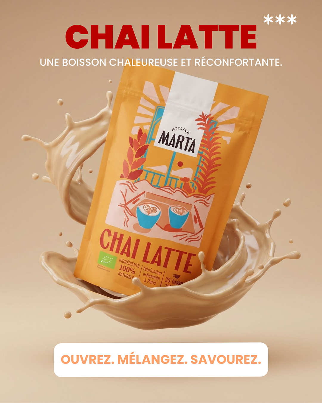 Bannière Chai Latte Atelier Marta, boisson chaude réconfortante.